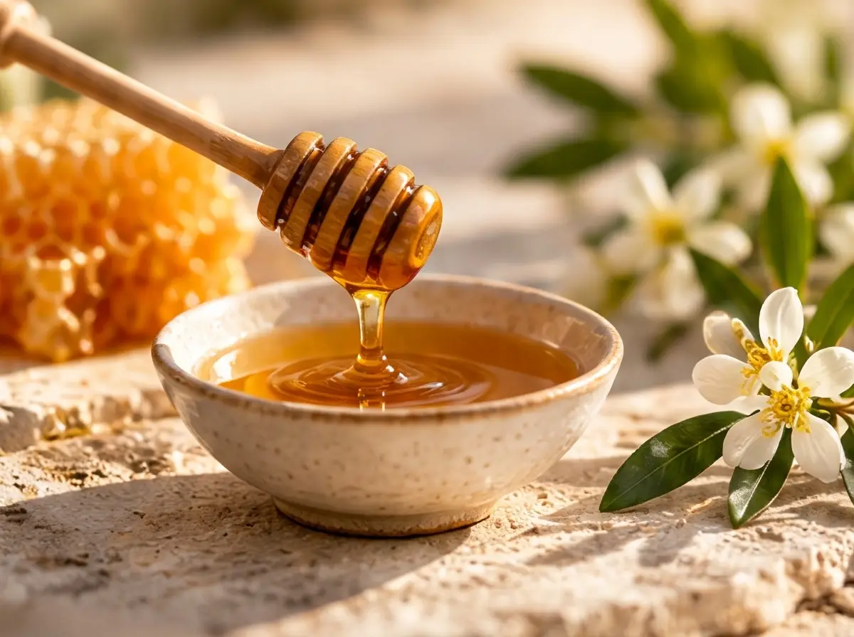 Madu menetes dari honey dipper ke dalam mangkuk, di antara honeycomb dan bunga